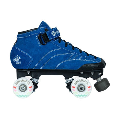 blue navy suede mid height roller derby quad roller skates, white outdoor wheels adjustable toe stops 