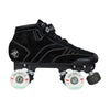 black suede mid height roller derby quad roller skates, white outdoor wheels adjustable toe stops  