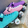 teal, pink, purple suede mid height roller derby quad roller skates, white outdoor wheels adjustable toe stops 