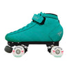 teal suede mid height roller derby quad roller skates, white outdoor wheels adjustable toe stops 
