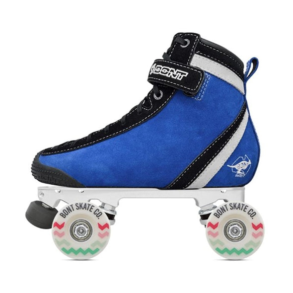 black and blue high top rollerskate boot with white bont glide outdoor wheels