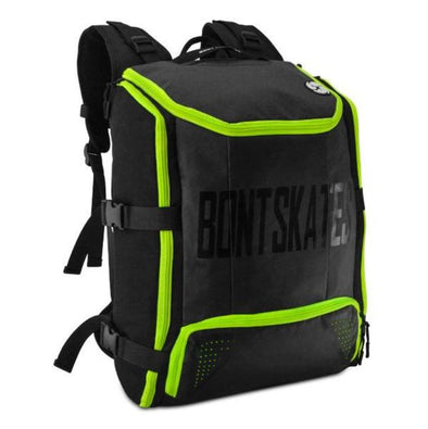black inline quad skate backpack with fluro green accents, 'Bont Skates'