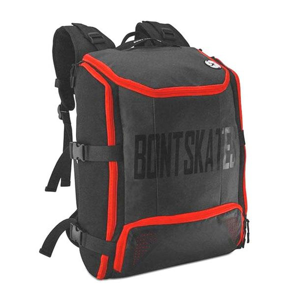 black inline quad skate backpack with red accents, 'Bont Skates'