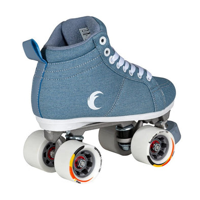 blue denim sneaker style roller skates with white outdoor wheels