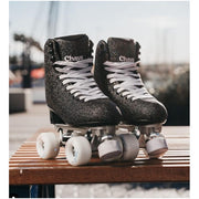 chaya black glitter high top roller skates light purple laces with white 'sugar rush' outdoor wheels grey adjustable toe stop