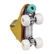 chaya mustard yellow high top roller skate with white outdoor wheels aqua green toe stops aluminium plate