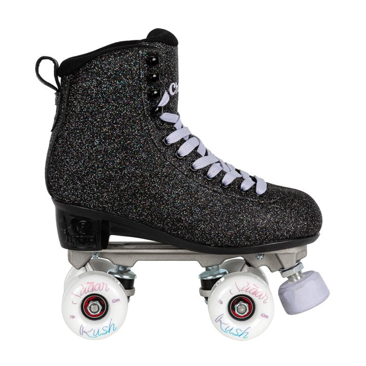 chaya black glitter high top roller skates light purple laces with white 'sugar rush' outdoor wheels grey adjustable toe stop