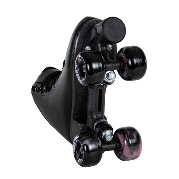 bottom view of black high top rollerskates with outdoor wheels