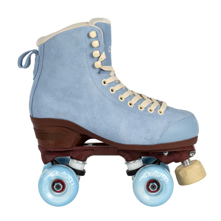 chaya baby blue suede high top rollerskates with brown sole and blue 'cloud 9' outdoor wheels cream adjustable toe stop