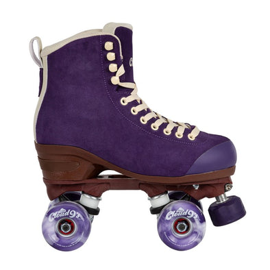 dark purple high top rollerskates with brown sole and purple cloud 9 outdoor wheels 