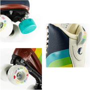 chaya navy blue rainbow retro roller skate, rainbow heel, white 'Love is love' outdoor wheels teal toe stops