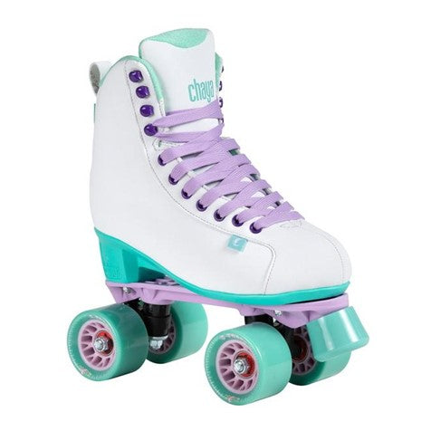 white high top rollerskates with purple laces and plate, teal green heel and wheels 