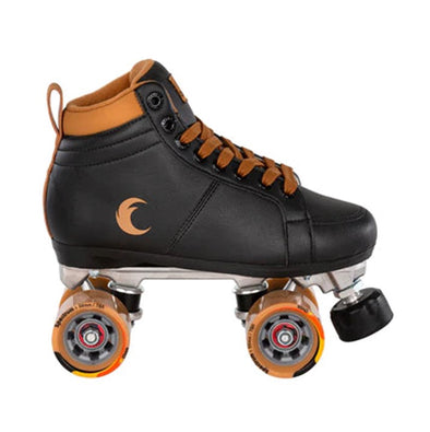 black sneaker style roller skates with brown outdoor wheels