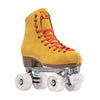 yellow chuffed rollerskate with red laces and white outdoor wheels 