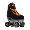 black suede chuffed rollerskate with orange  laces and black outdoor wheels 
