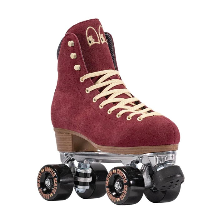 maroon chuffed rollerskate with cream laces and black outdoor wheels 