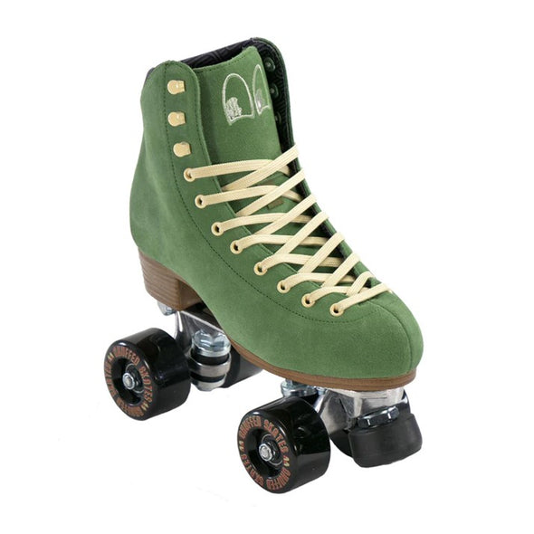olive green chuffed rollerskate with cream laces and black outdoor wheels 