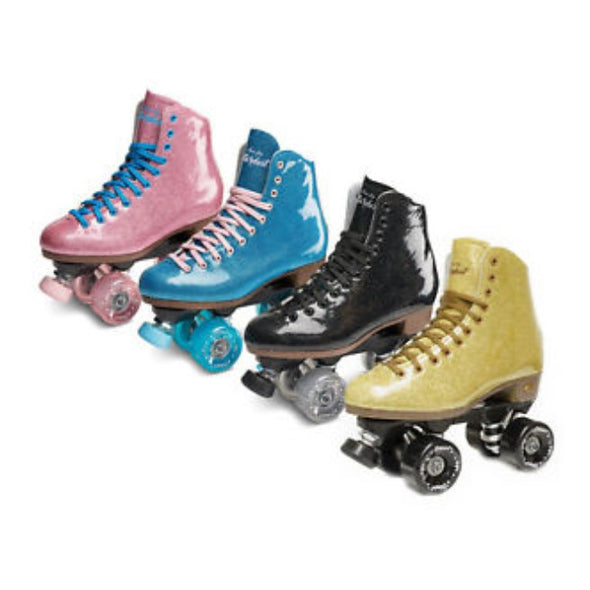 glitter rollerskates pink, blue, black and gold 
