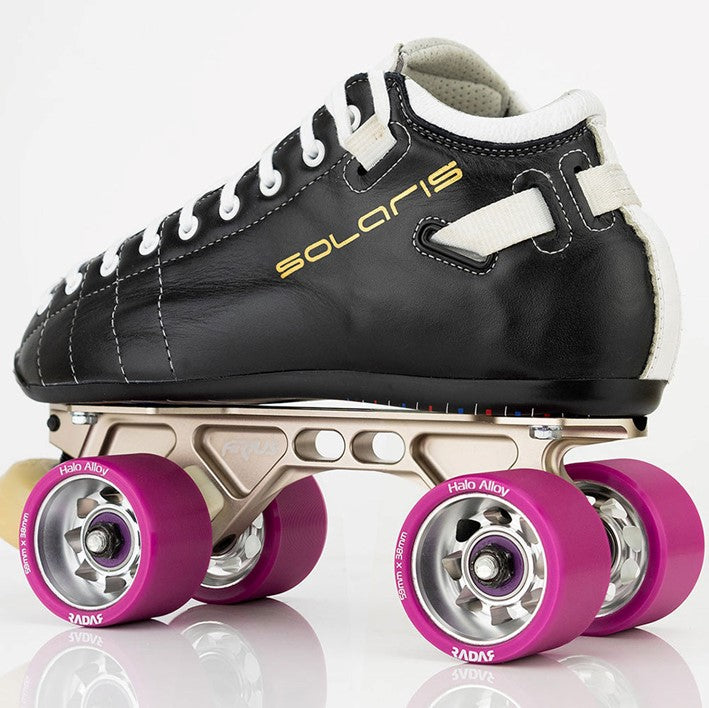 speed skate boot with purple alloy wheels 