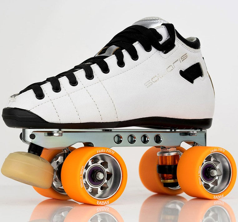 white roller skate with orange wheels 