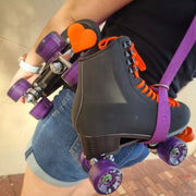 black skate with orange love heart toe stops 