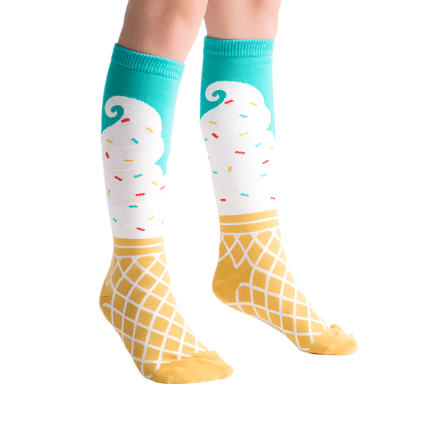 PERSON WEARING TEAL KNEE HIGH SOCKS WITH LARGE PRINT OF SPRINKLE ICE-CREAM