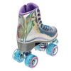 holographic silver retro high top roller skates, blue glitter laces wheels