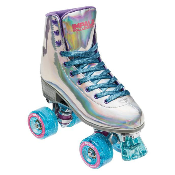 holographic silver retro high top roller skates, blue glitter laces wheels