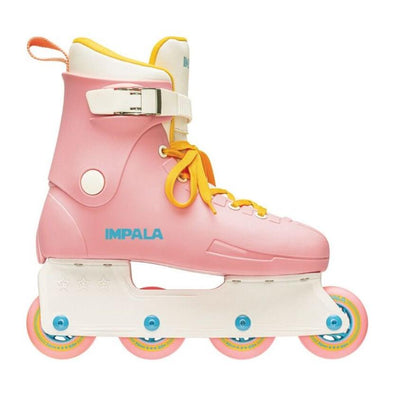 pink yellow inline retro skates rollerblades, white frame, pink wheels 