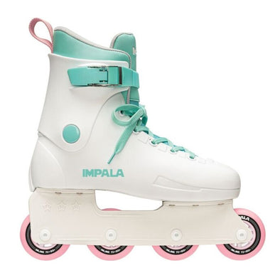 white inline rollerblades, retro 90s, teal laces, pink wheels 