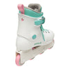 white inline rollerblades, retro 90s, teal laces, pink wheels 