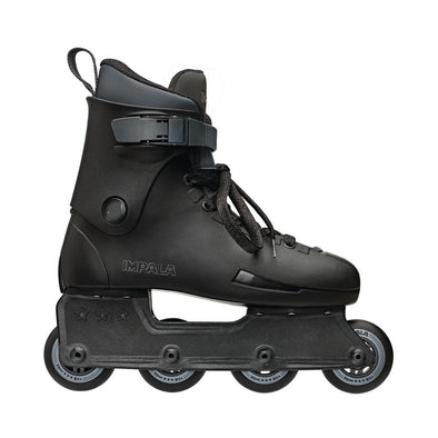 black impala inline rollerblades with black wheels and black glitter laces 