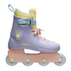 pastel 90s inline skates, purple cuff, pink laces, blue inline wheels, yellow cuff  