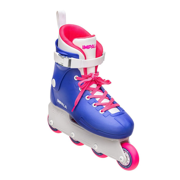 blue pink black 90s inline skates, purple teal cuff, pink laces, pink inline wheels 