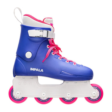 blue pink black 90s inline skates, purple teal cuff, pink laces, pink inline wheels 