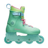 2 tone teal green inline skates with pink liner and laces 
