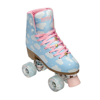 pastel blue cloud impala high top rollerskates with pink laces pink toe stops and clear blue outdoor wheels 