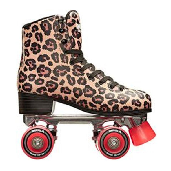 leopard print artistic hightop retro roller skate, red wheels, black skate laces 'Impala' 