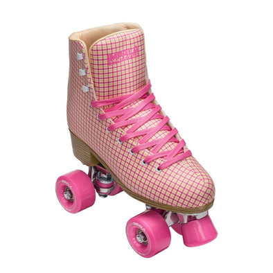 pink cream tarten artistic hightop retro roller skate, pink outdoor 82a wheels, pink laces toestops 'Impala Rollerskates'' 
