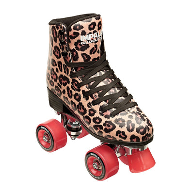leopard print artistic hightop retro roller skate, red wheels, black skate laces 'Impala' 