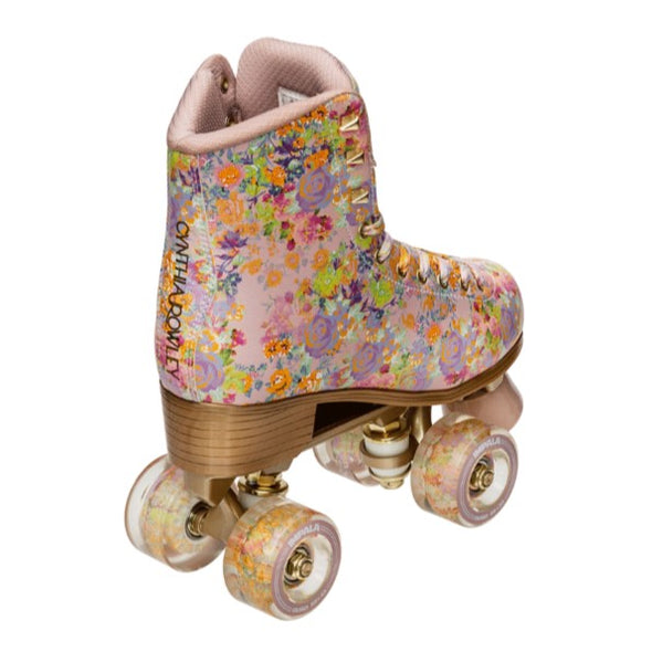high top retro cream floral roller skates, floral  laces, floral wheels