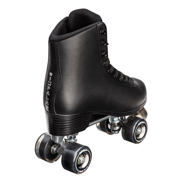 high top retro black roller skates, black laces, black wheels