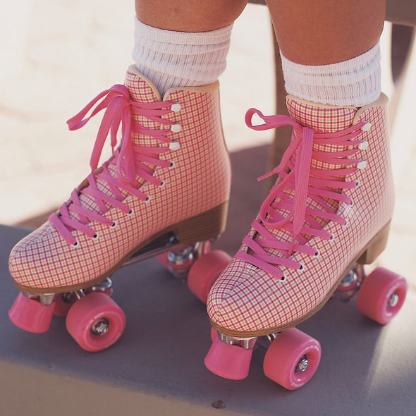 pink cream tarten artistic hightop retro roller skate, pink outdoor 82a wheels, pink laces toestops 'Impala Rollerskates''