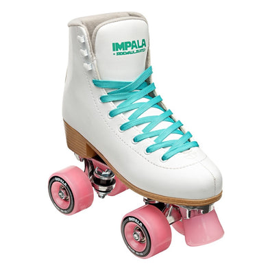 white hightop rollerskates with pastel green aqua laces and pink outdoor impala wheels and pink toestops