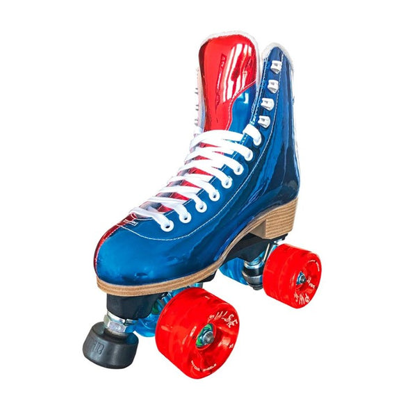 blue red holographic rollerskates, red wheels, brown wooden sole  look
