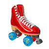 blue red holographic rollerskates, red wheels, brown wooden sole  look