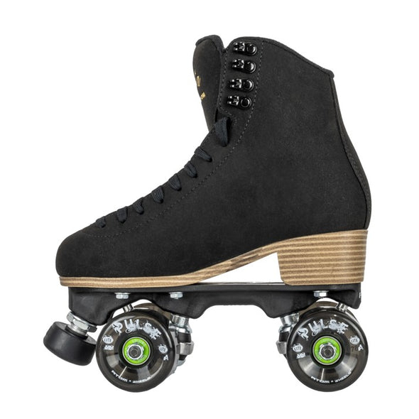 black artistic hightop rollerskate, black laces, black pulse wheels, wooden look sole heel, black plate with adjustable toestop