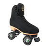 black artistic hightop rollerskate, black laces, black pulse wheels, wooden look sole heel, black plate with adjustable toestop