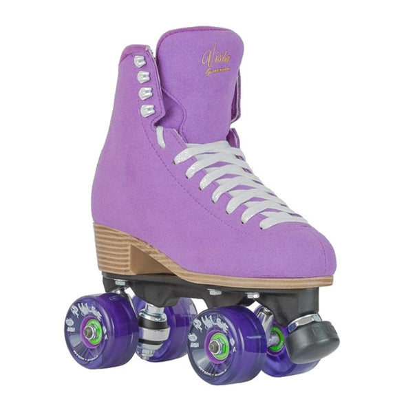 light purple suede artistic hightop rollerskate, white laces, purple pulse outdoor wheels, wooden look sole heel, black plate with adjustable toestop