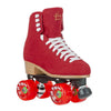 red suede artistic hightop rollerskate, white laces, red pulse outdoor wheels, wooden look sole heel, black plate with adjustable toestop